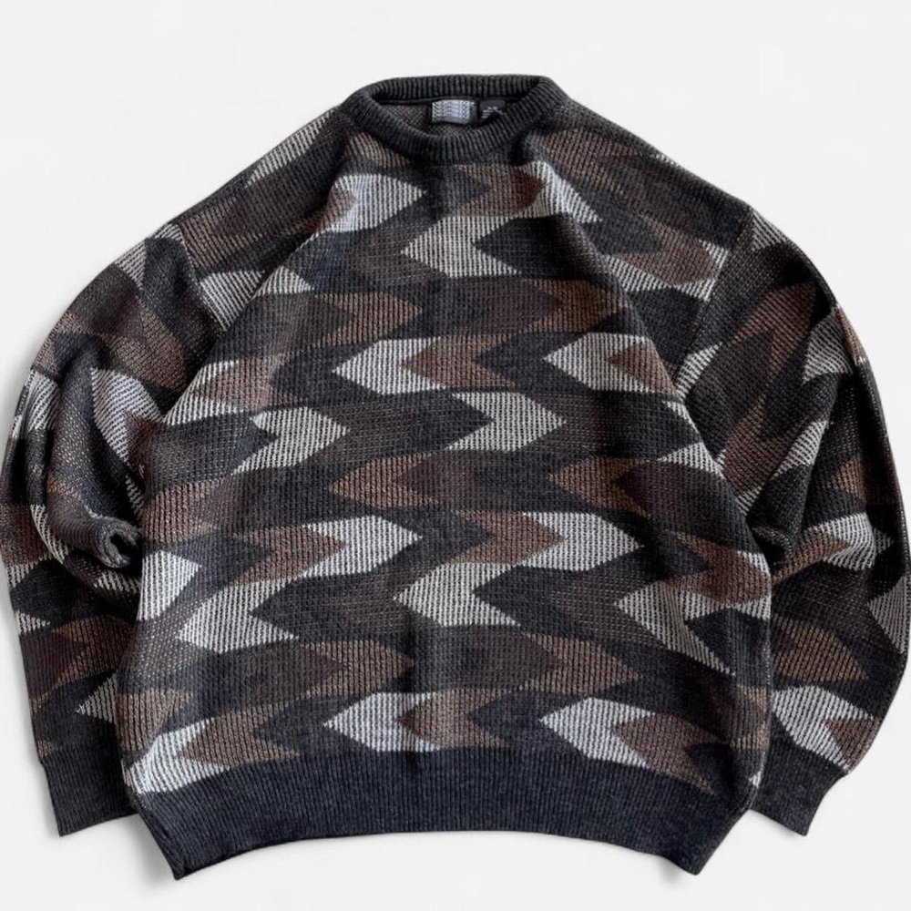 Vintage Geometric Chevron Black Gray Brown Chevron Knit Knightsbridge Sweater XL